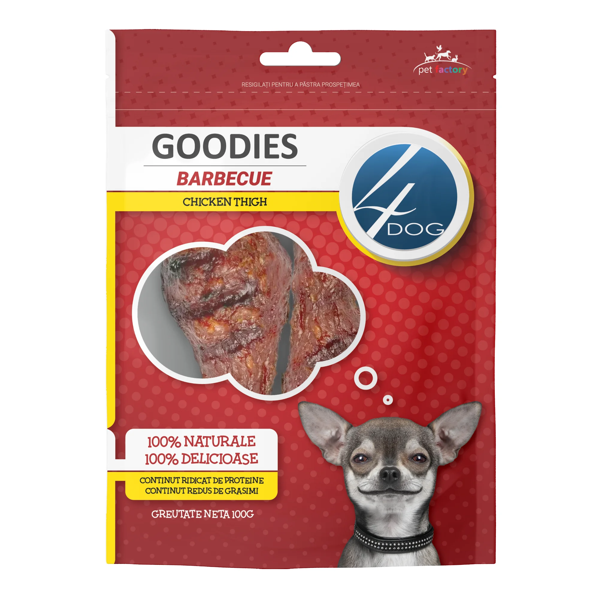 Recompense pentru Caine Adult, 4DOG GOODIES Barbecue, Pulpa de Pui, 100g