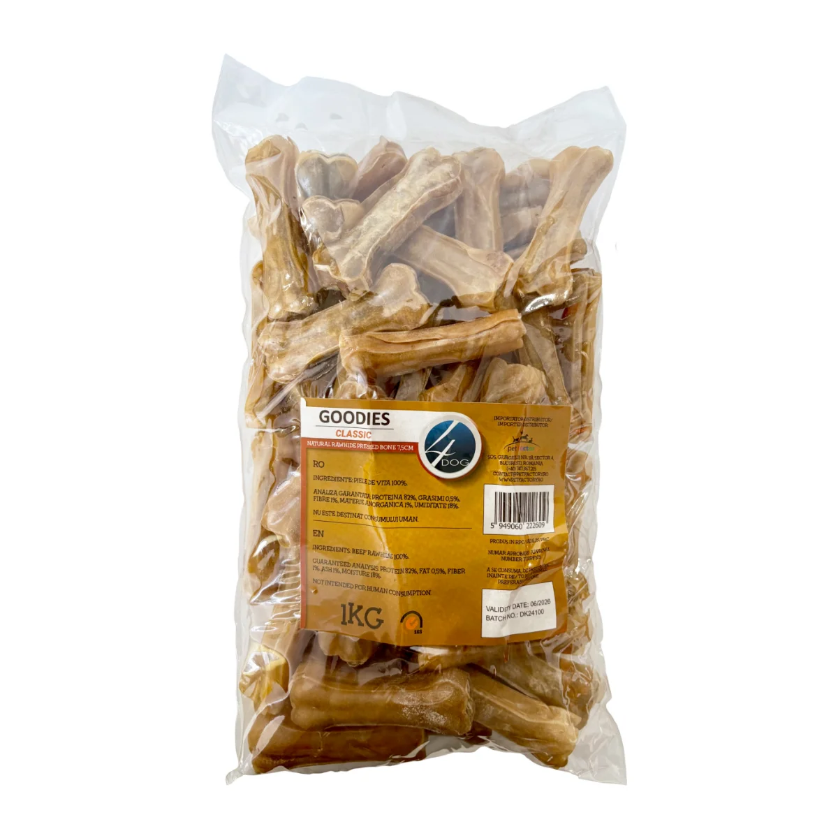 Recompense pentru Caine Adult, 4DOG, Oase din Piele Presata, 7,5cm, 1kg