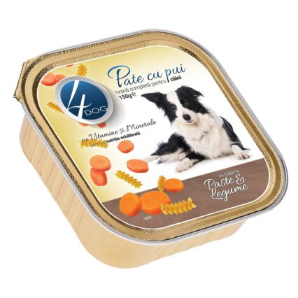 Hrana Umeda Caine Adult, 4DOG Pate, Pui cu Topping de Paste si Legume, 150g