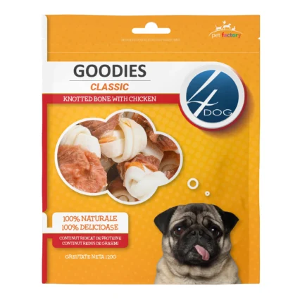 Recompense pentru Caine Adult, 4DOG GOODIES Classic, Os Innodat, Piele Presata si Pui, 120g