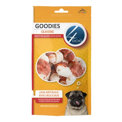 Recompense pentru Caine Adult, 4DOG GOODIES Classic, Os Innodat, Piele Presata si Rata, 120g