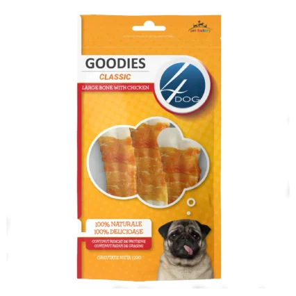Recompense pentru Caine Adult, 4DOG GOODIES Classic, Os Mare, Piele Presata si Pui, 120g