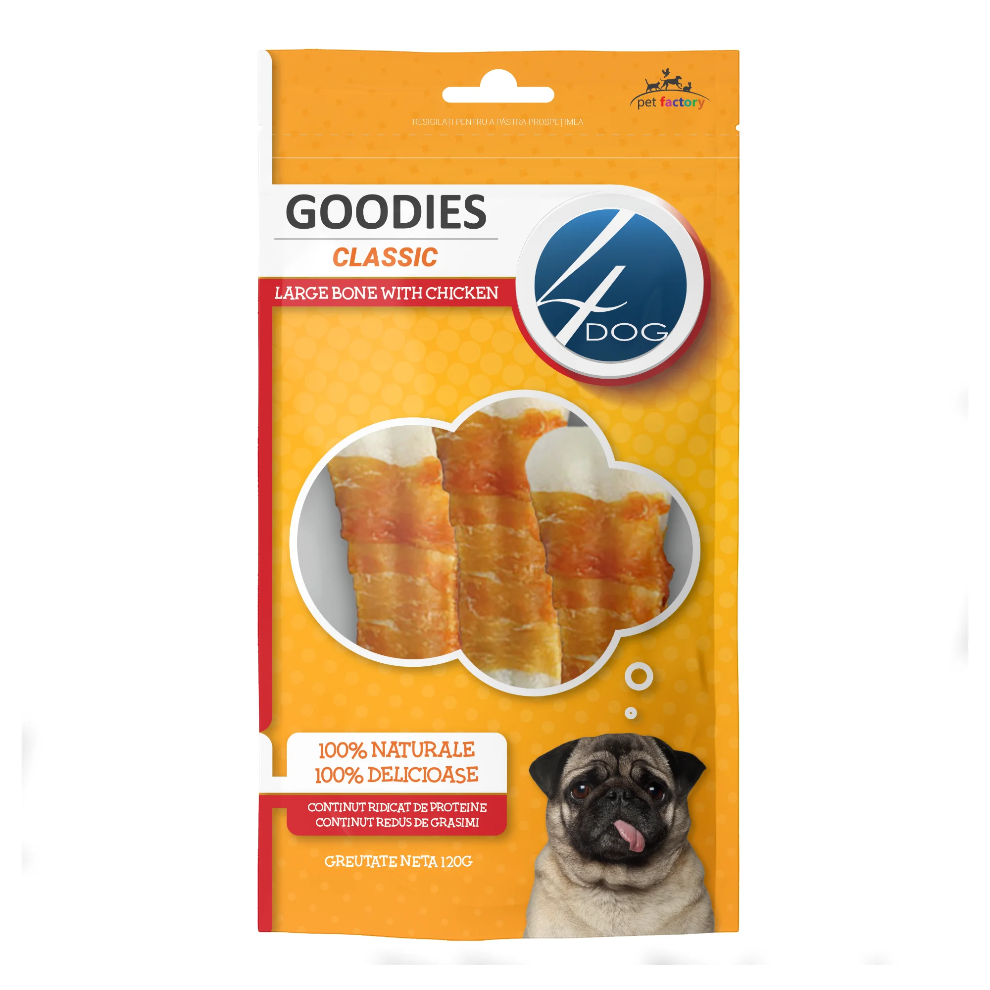 Recompense pentru Caine Adult, 4DOG GOODIES Classic, Os Mare, Piele Presata si Pui, 120g