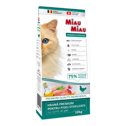 MIAU MIAU Indoor, Hrana Uscata Pisica Adult, Sterilizata, Pasare, 10kg
