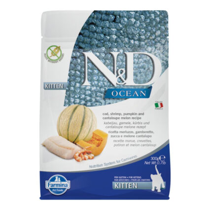 ND Ocean, Hrana Uscata Pisica Junior, Cod, Crevete, Dovleac si Pepene Galben, 300g