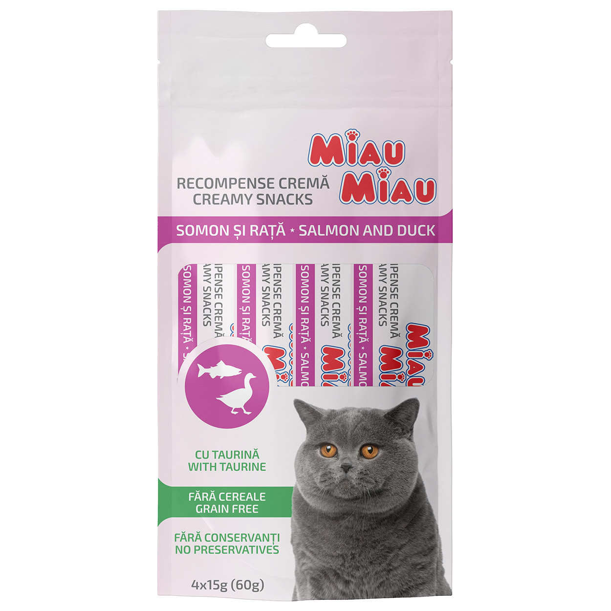 Recompense Cremoase Pisica Adult, MIAU MIAU Creamy Snacks, Somon si Rata, 4x15g