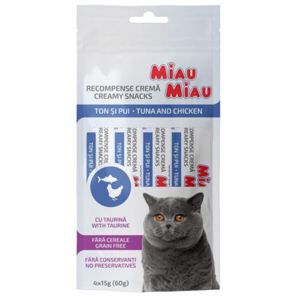 Recompense Cremoase Pisica Adult, MIAU MIAU Creamy Snacks, Ton si Pui, 4x15g