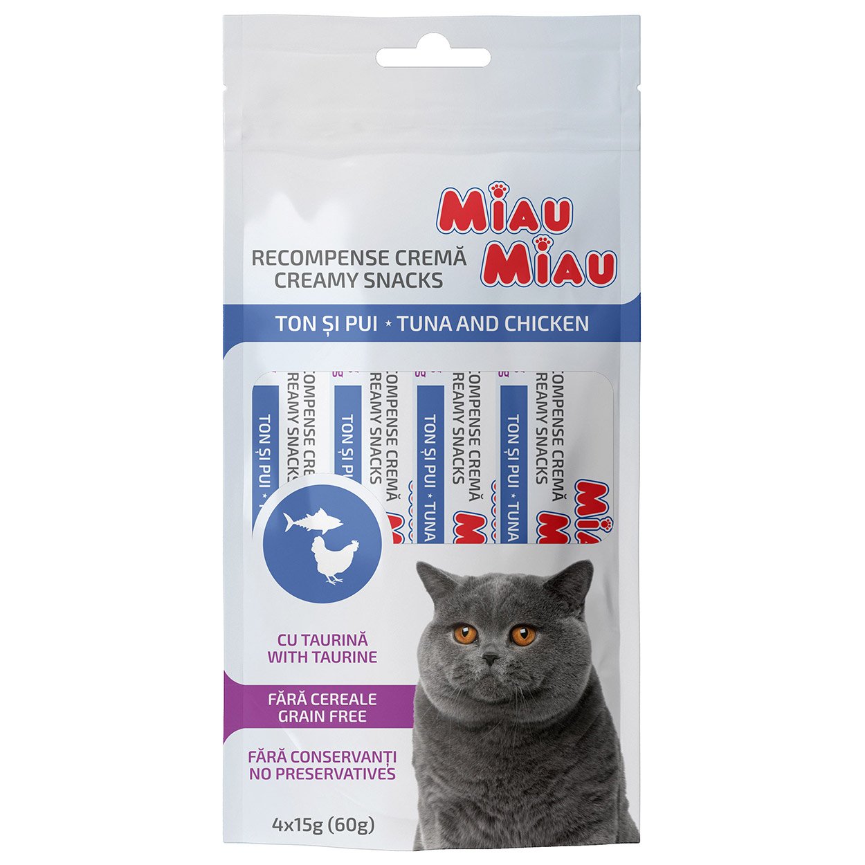 Recompense Cremoase Pisica Adult, MIAU MIAU Creamy Snacks, Ton si Pui, 4x15g