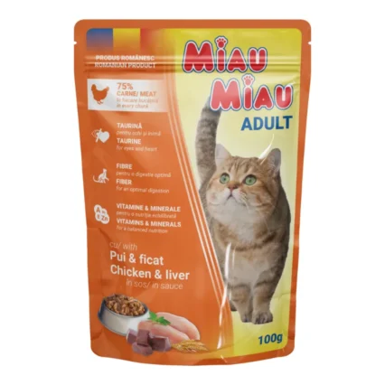 MIAU MIAU Hrana Umeda Pisica Adult, Pui si Ficat in sos, 100g