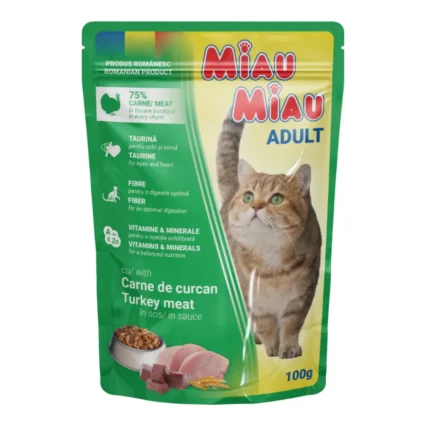MIAU MIAU Hrana Umeda Pisica Adult, Curcan in sos, 100g