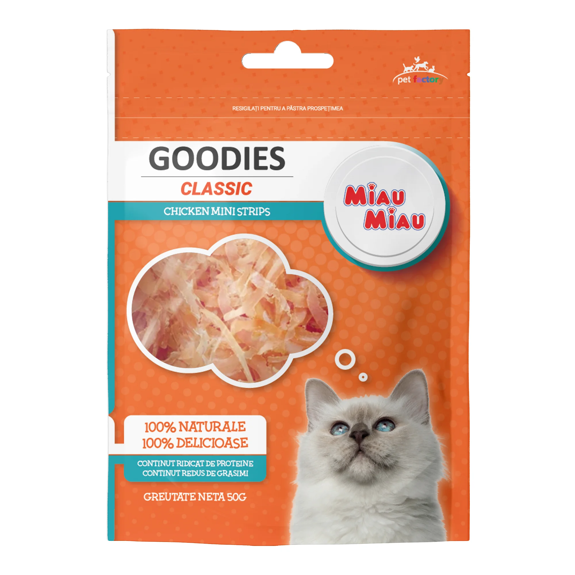 Recompense pentru Pisica Adult, MIAU MIAU Goodies Classic, Mini Strips, Pui, 50g