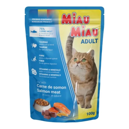 MIAU MIAU Hrana Umeda Pisica Adult, Somon in sos, 100g