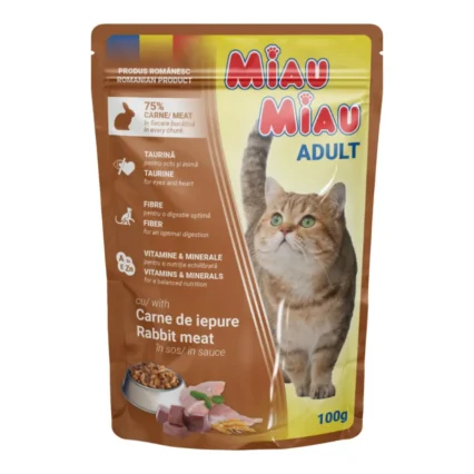 MIAU MIAU Hrana Umeda Pisica Adult, Iepure in sos, 100g
