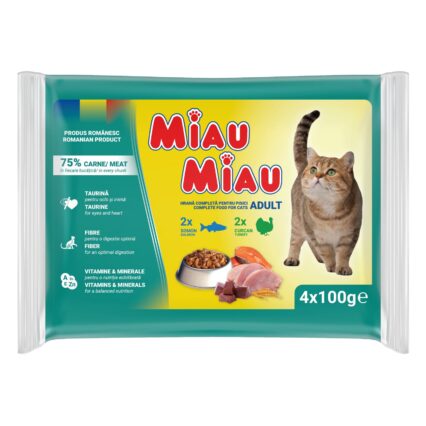 MIAU MIAU Mixt, Hrana Umeda Pisica Adult, Curcan si Somon, 4x100g
