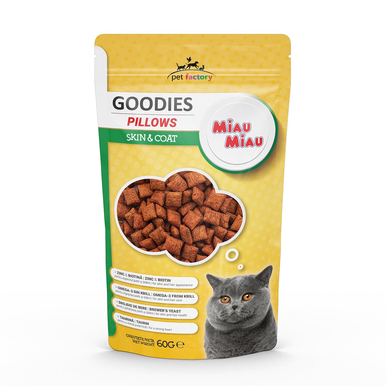 Recompense pentru Pisica Adult, MIAU MIAU Pillows Piele si Blana, 60g