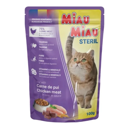 MIAU MIAU Hrana Umeda Pisica Adult, Sterilizata, Pui in sos, 100g