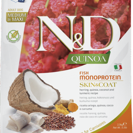 Hrana Uscata Caine Adult, ND Quinoa Piele si Blana, Talie Medie Mare, Hering si Cocos, 2.5kg