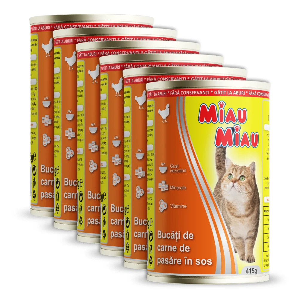 Pachet Economic MIAU MIAU Conserva, Hrana Umeda Pisica Adult, Pui, 6x415g