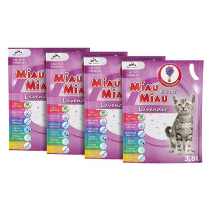 Pachet Economic MIAU MIAU Silicat, Asternut Igienic pentru Pisica, Lavanda, 4x3.8L