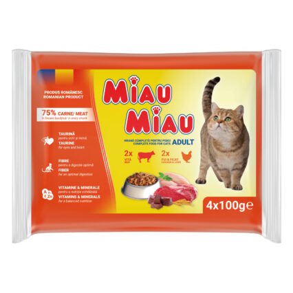 MIAU MIAU Mixt, Hrana Umeda Pisica Adult, Pui  Ficat si Vita, 4x100g
