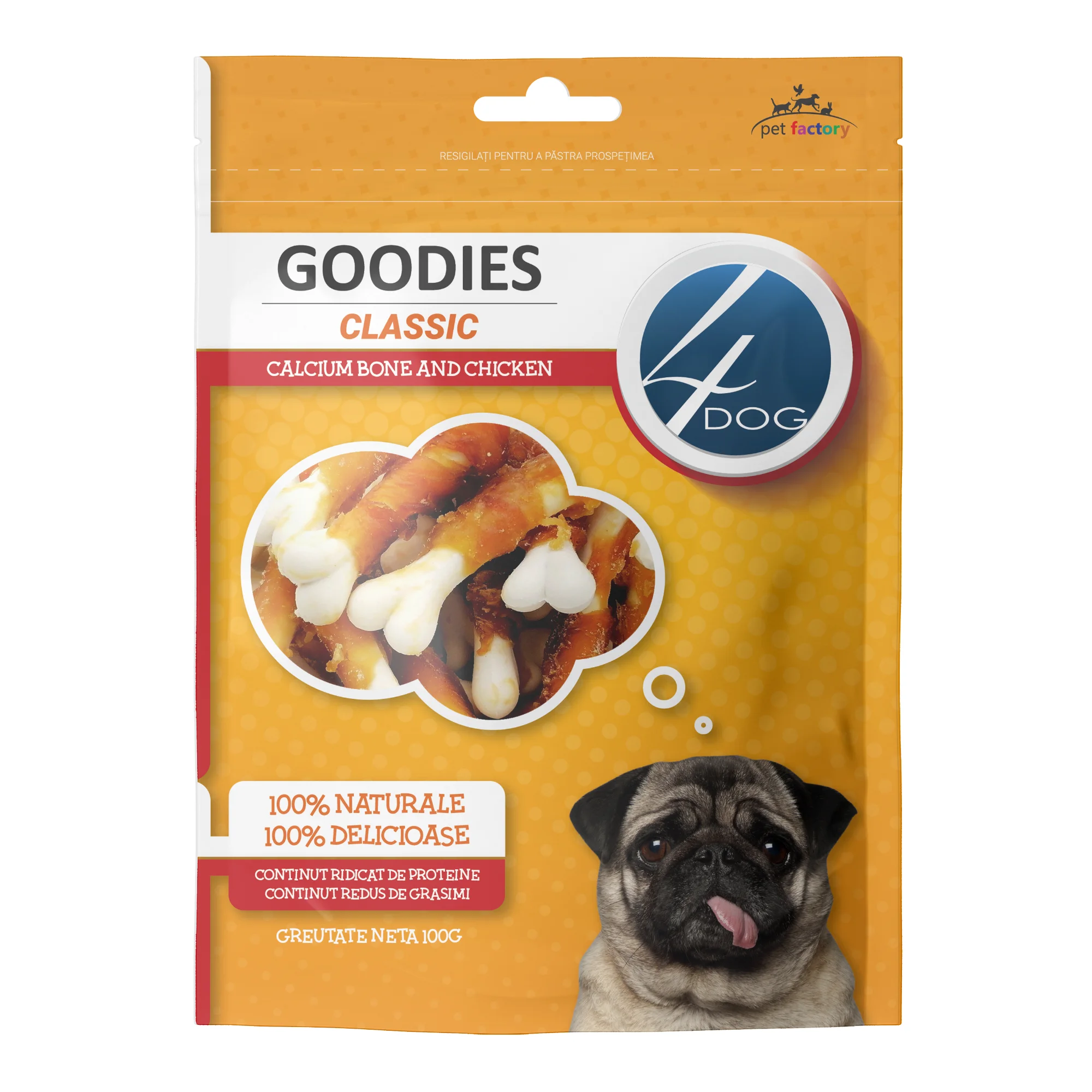 Recompense pentru Caine Adult, 4DOG GOODIES Classic, Os din Calciu cu Pui, 100g