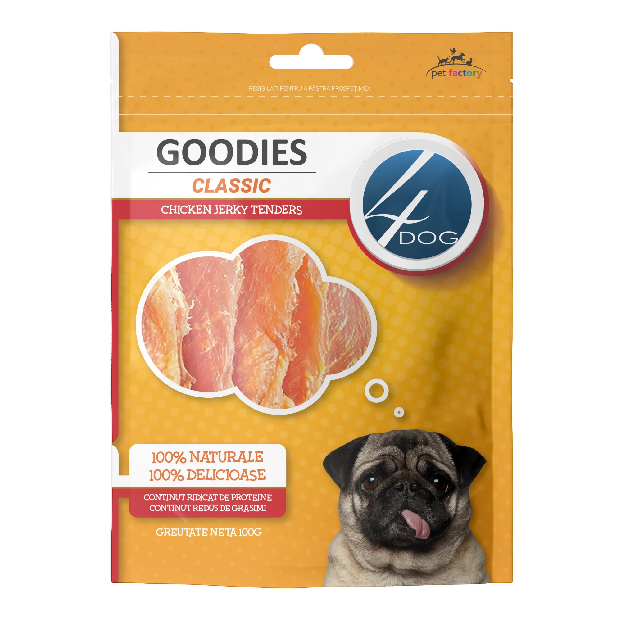 Recompense pentru Caine Adult, 4DOG GOODIES Classic, Jerky Tenders Pui, 100g