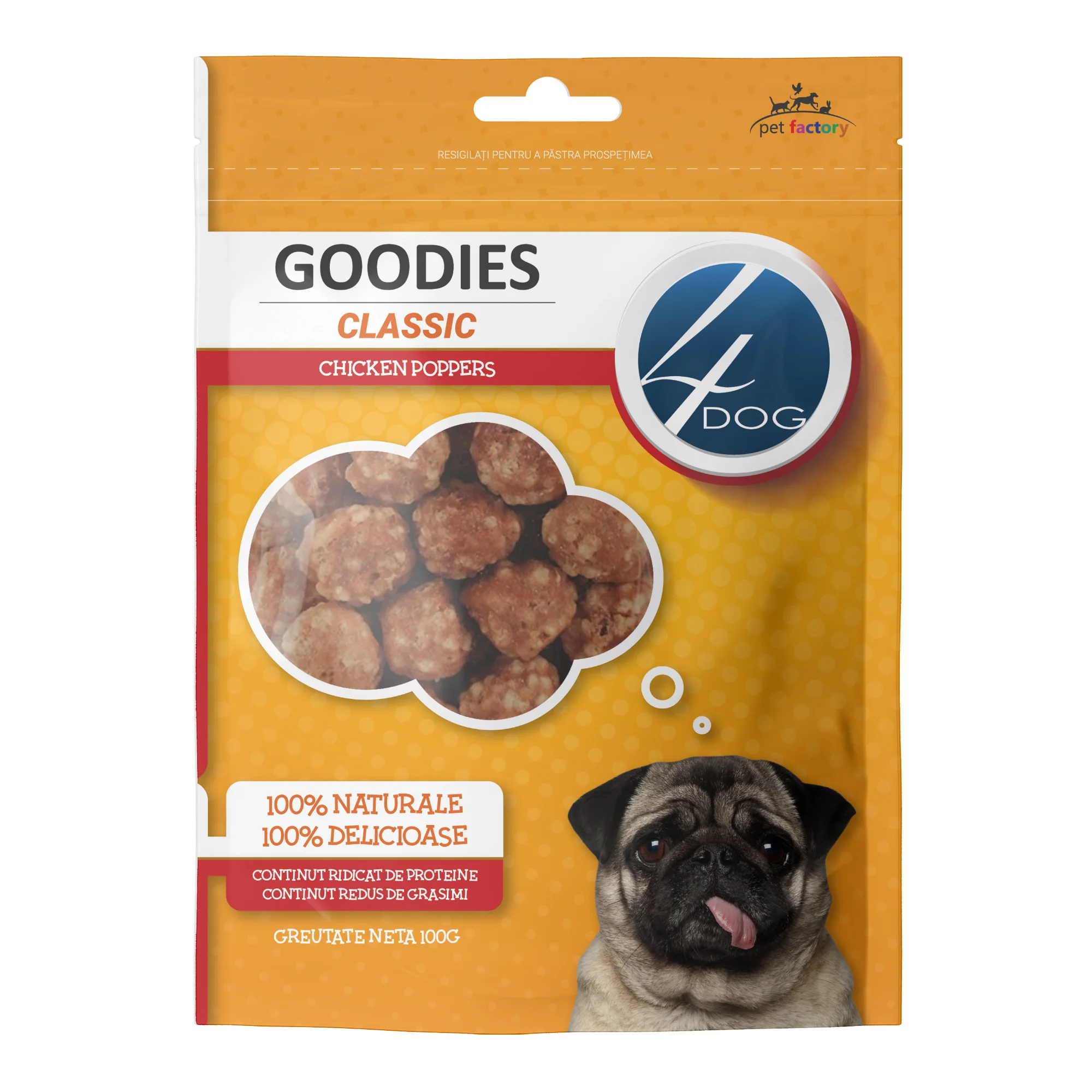 Recompense pentru Caine Adult, 4DOG GOODIES Classic, Poppers cu Pui, 100g
