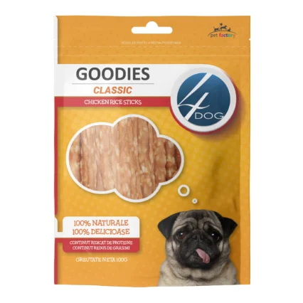 Recompense pentru Caine Adult, 4DOG GOODIES Classic, Sticks cu Pui si Orez, 100g