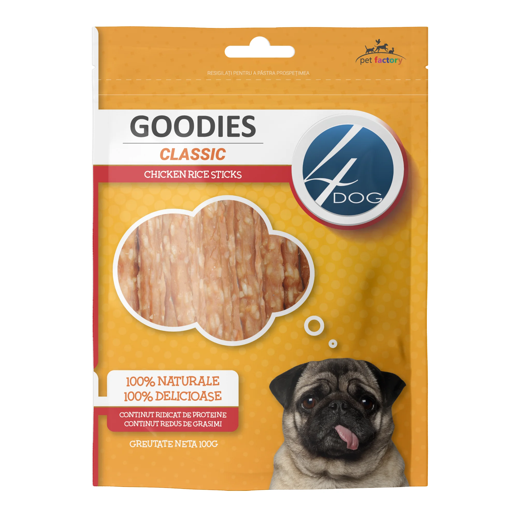Recompense pentru Caine Adult, 4DOG GOODIES Classic, Sticks cu Pui si Orez, 100g