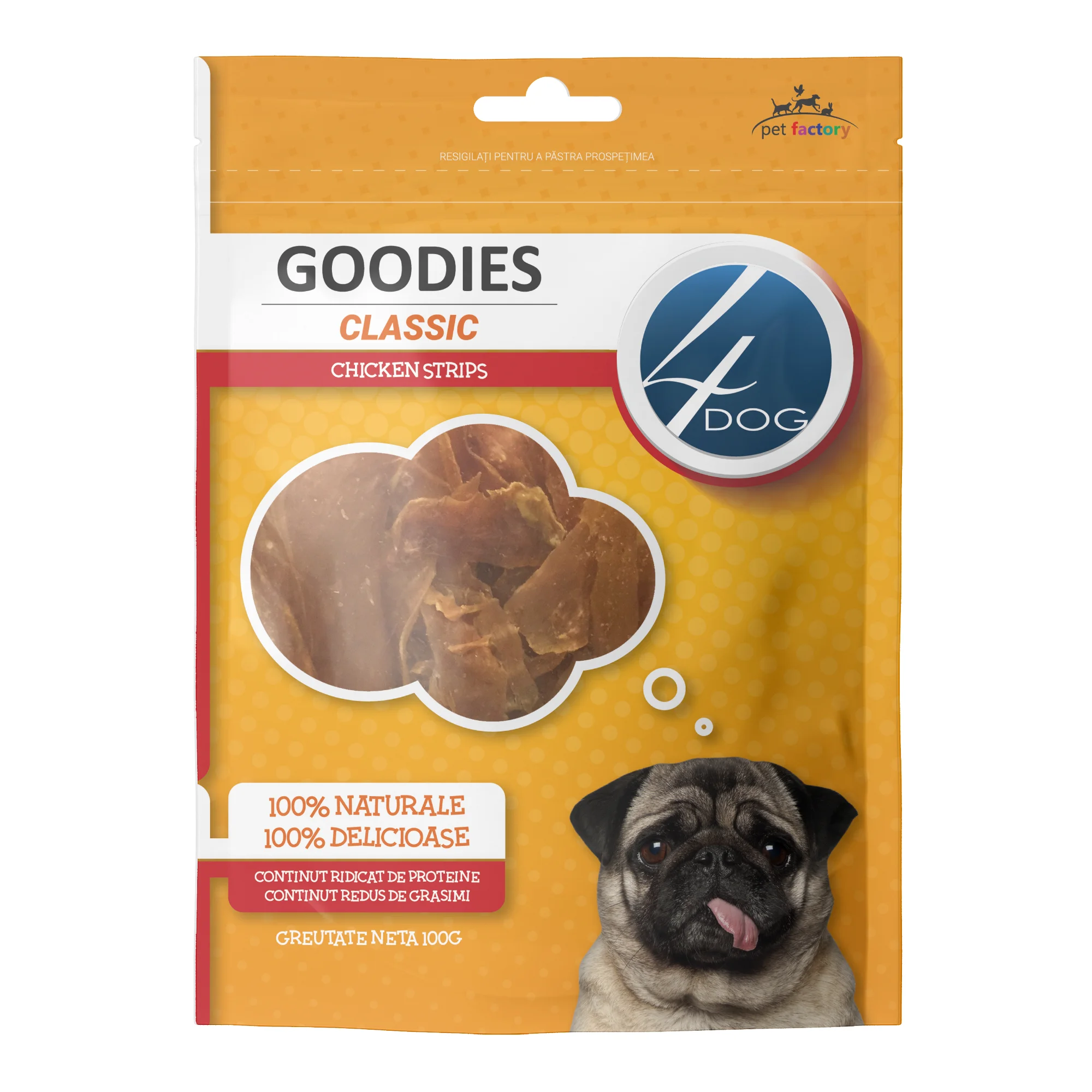 Recompense pentru Caine Adult, 4DOG GOODIES Classic, Strips de Pui, 100g