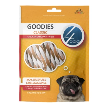 Recompense pentru Caine Adult, 4DOG GOODIES Classic, Twists cu Pui, 100g