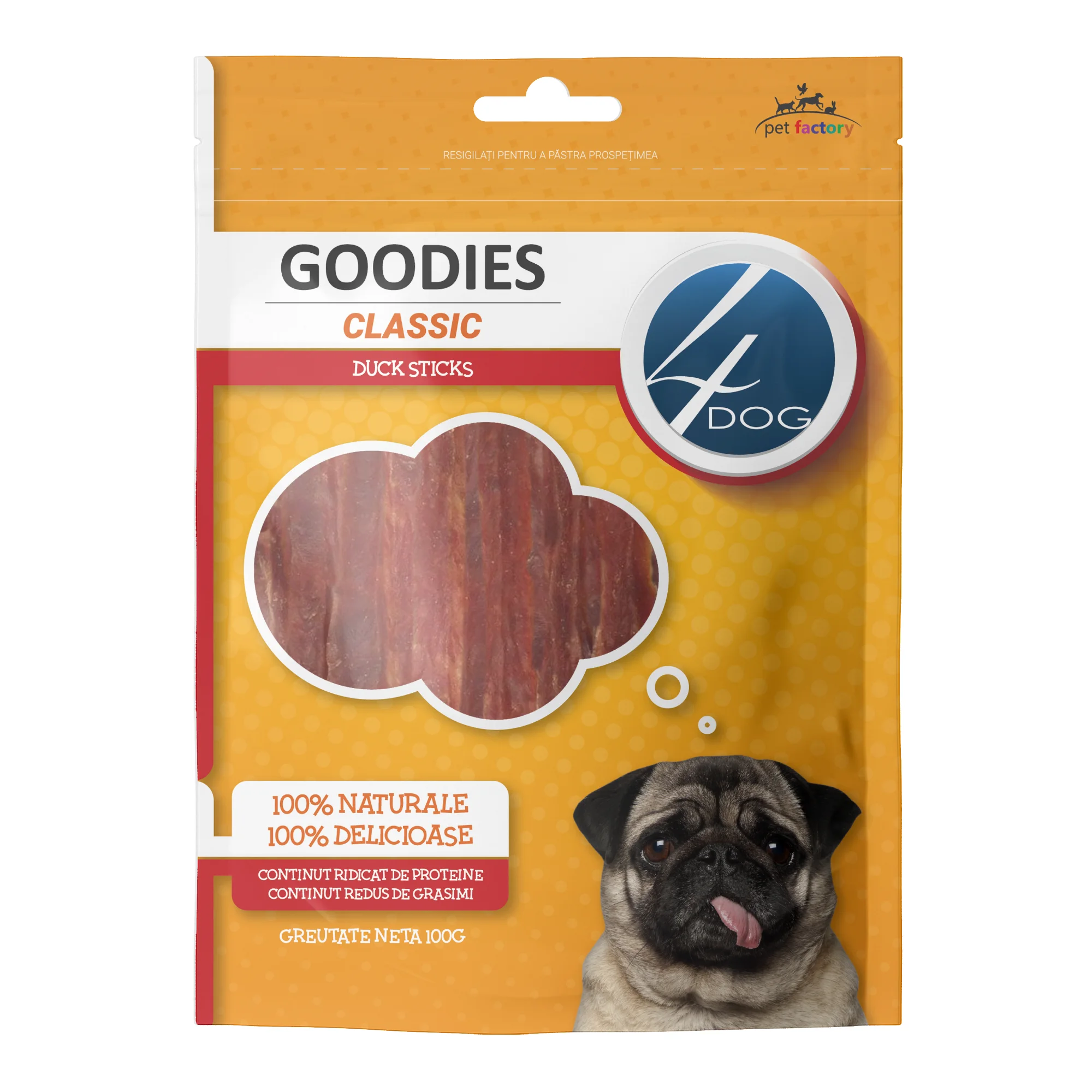 Recompense pentru Caine Adult, 4DOG GOODIES Classic, Sticks cu Rata, 100g