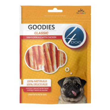 Recompense pentru Caine Adult, 4DOG GOODIES Classic, Piele Presata si Pui, 100g