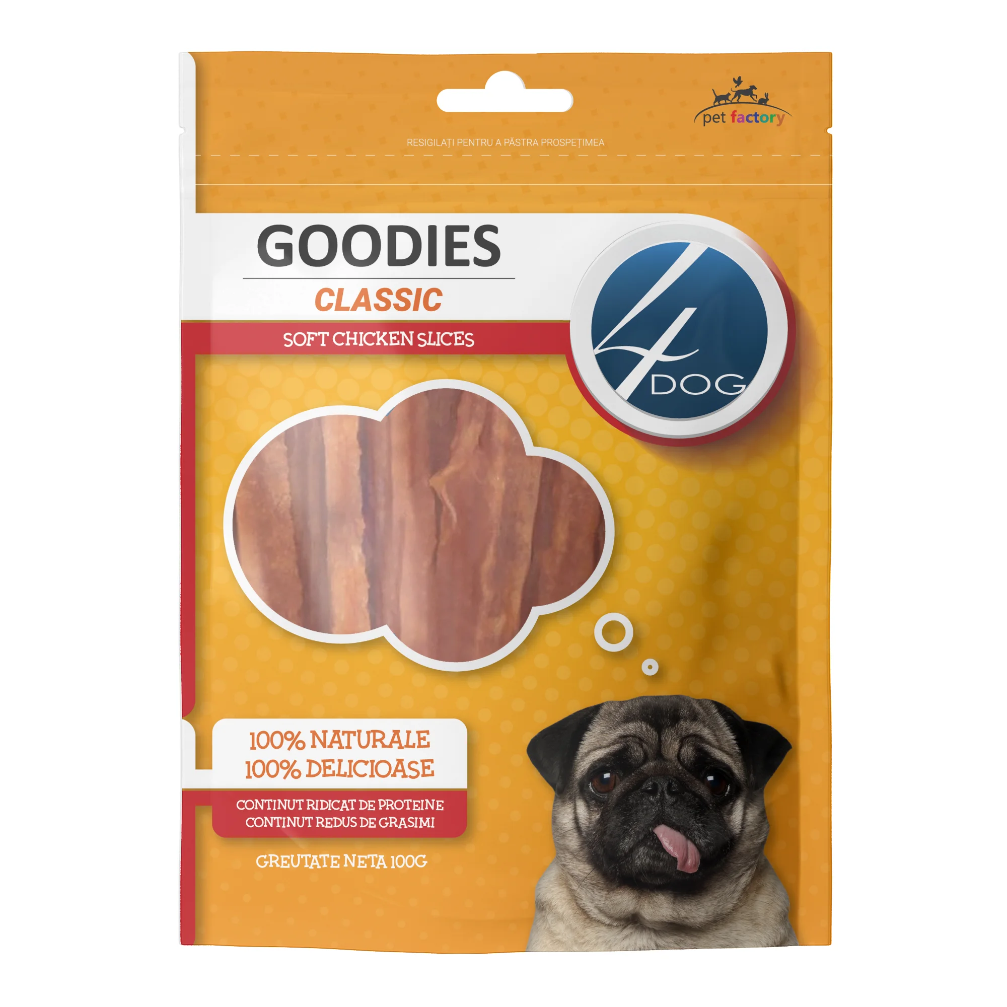 Recompense pentru Caine Adult, 4DOG GOODIES Classic, Fasii Moi de Pui, 100g