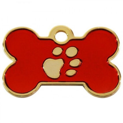 Medalion pentru caini Os cu Labute rosu / auriu L