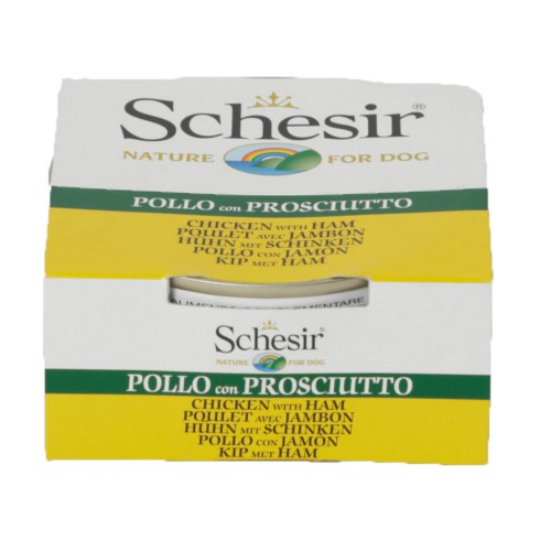 Hrana umeda pentru caini Schesir cu pui si jambon 150 g
