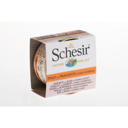 Hrana umeda pentru pisici Schesir cu pui si sunca in suc propriu 70 g