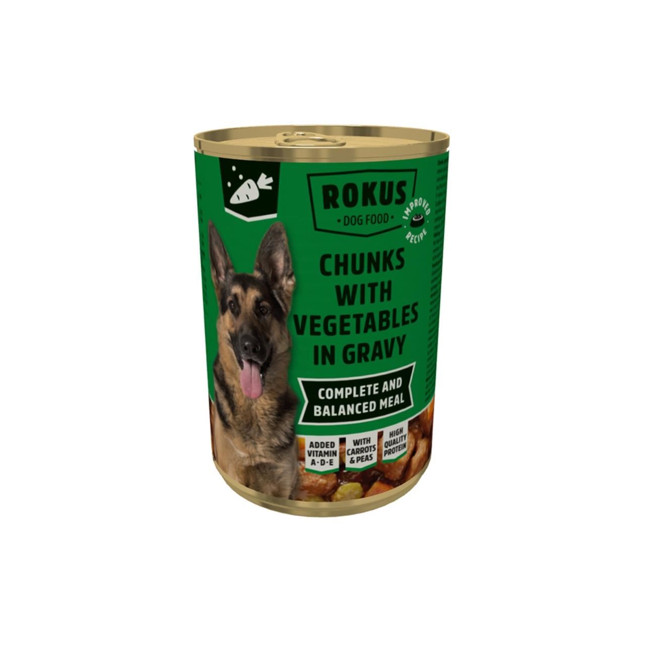 HRANA UMEDA PENTRU CAINI ROKUS CONSERVA LEGUME IN SOS 415GR