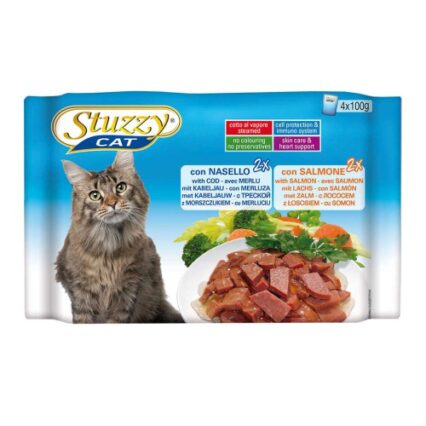 Hrana umeda pentru pisici Stuzzy cu cod si somon set 4 plicuri X 100 g