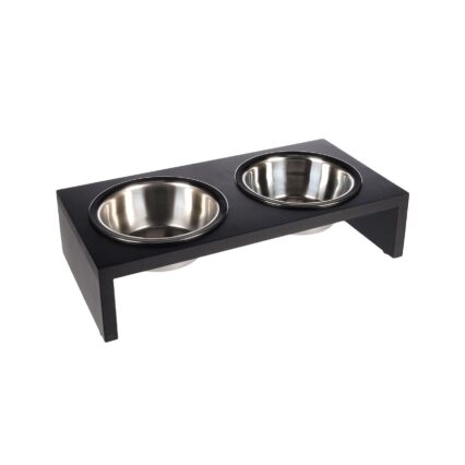 CASTRON DUBLU DIN INOX PENTRU CAINI SI PISICI CU SUPORT NEGRU FLAMINGO KOBUSHI 40x20x9CM 2x380ML