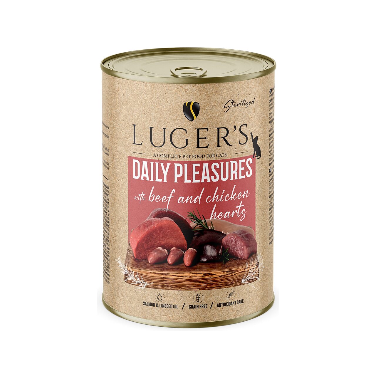 LUGER'S HRANA UMEDA CONSERVA PISICI STERILIZATE CU VITA & INIMI DE PUI 400G