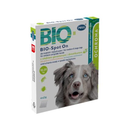 PESS BIO PIPETA ANTIPARAZITARA SPOT ON CU ULEI DE GERANIUM SI DIMETHICONE 4X2G CAINE TALIE MEDIE/MARE 10-20 KG