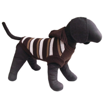 Pulover maro tricotat cu gluga si dungi pentru caini Vesto 28 cm
