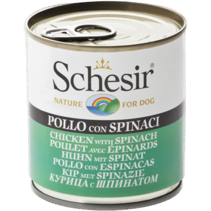 Hrana umeda pentru caini Schesir cu pui si spanac 285 g